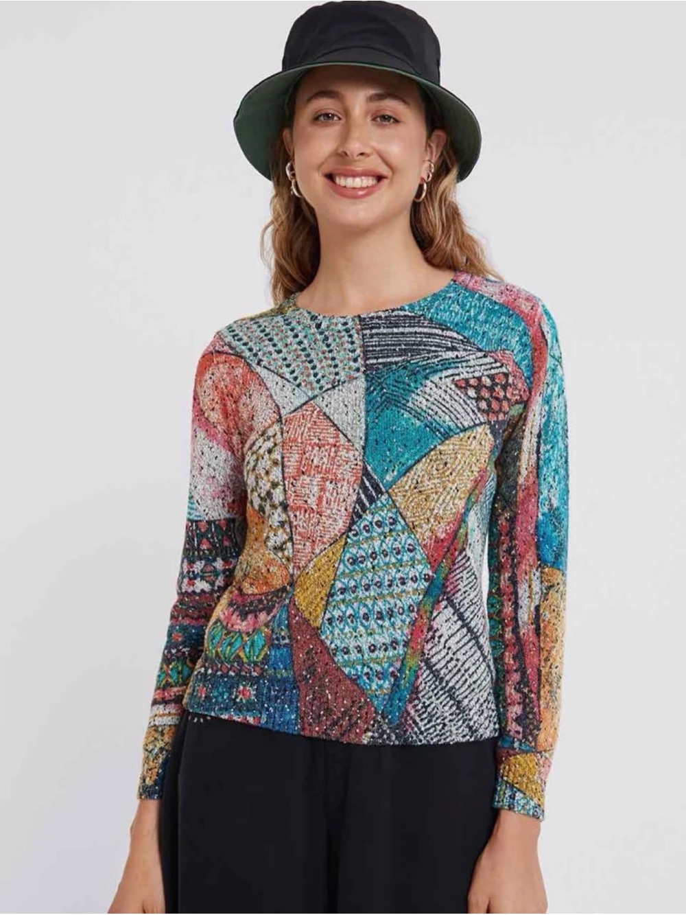 Desigual Arty Knit Multi-Pattern Long Sleeve Sweater in Teal, Yellow & Coral